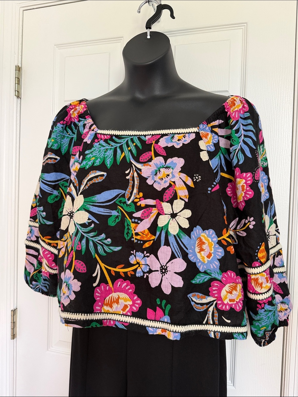 C&C California Black Floral Peasant Blouse with Multicolor Embroidery